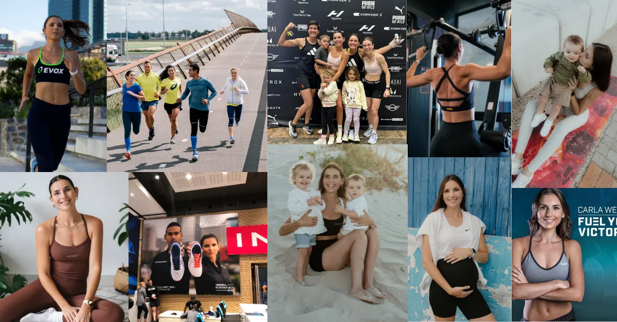 Collage of Carla coaching, running, racing and with her family